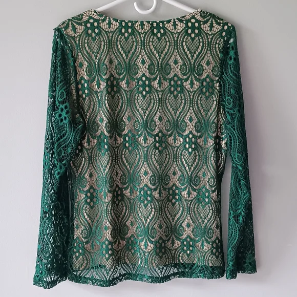 Venus Lace Long Sleeve Plunging V-neck Top Green Nude Large - Picture 5 of 13